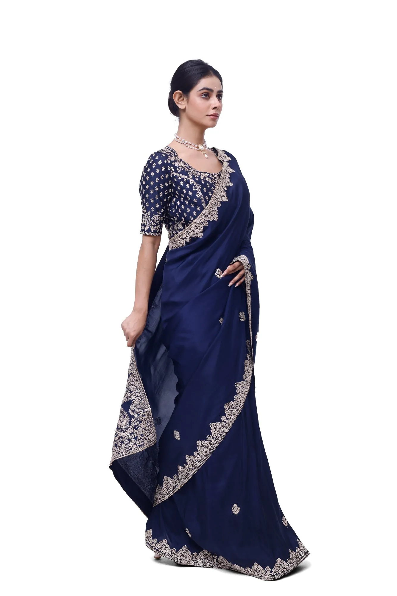 90Z983-RO Navy Blue Embroidered Silk Saree With Blouse