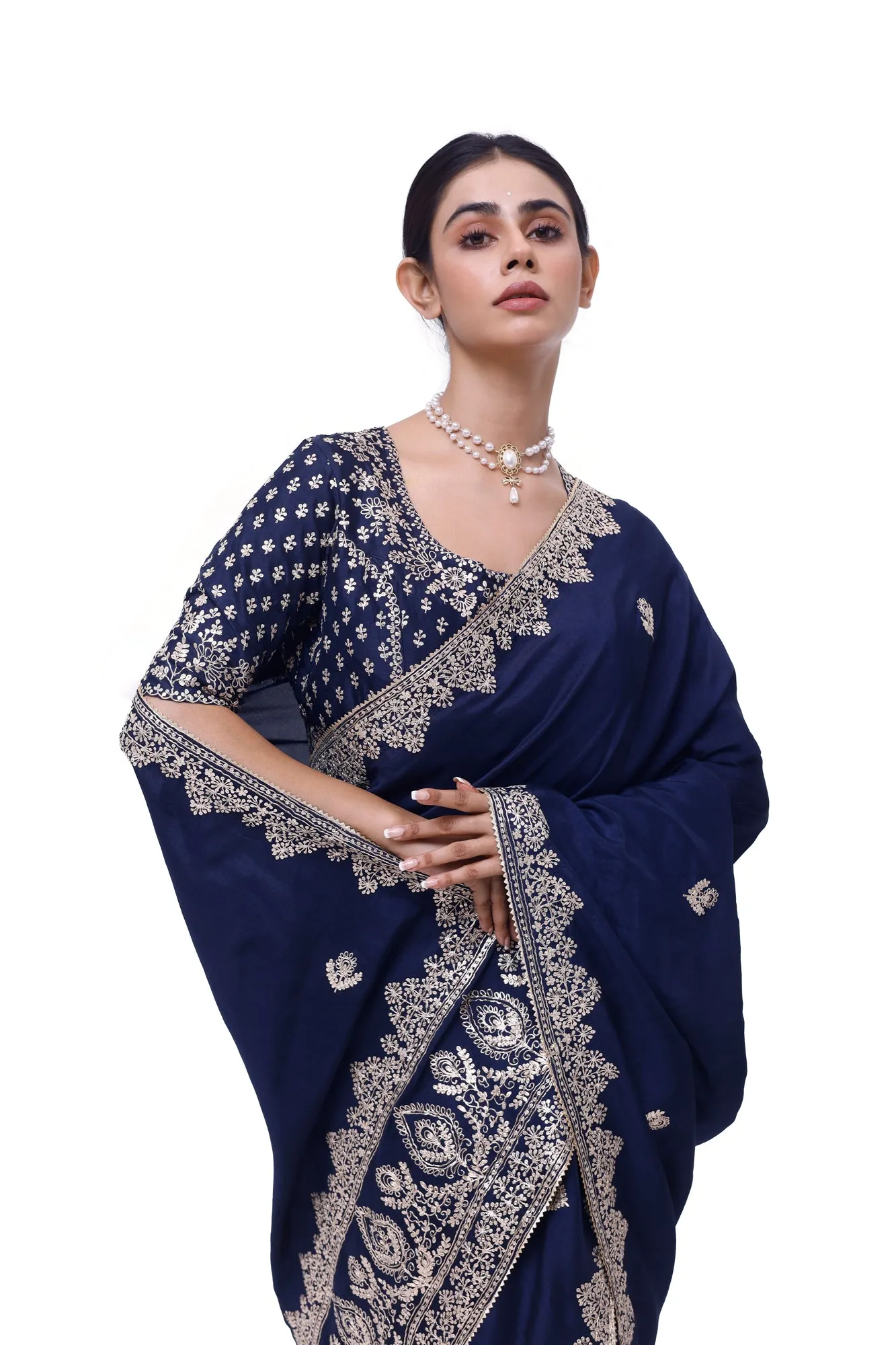 90Z983-RO Navy Blue Embroidered Silk Saree With Blouse