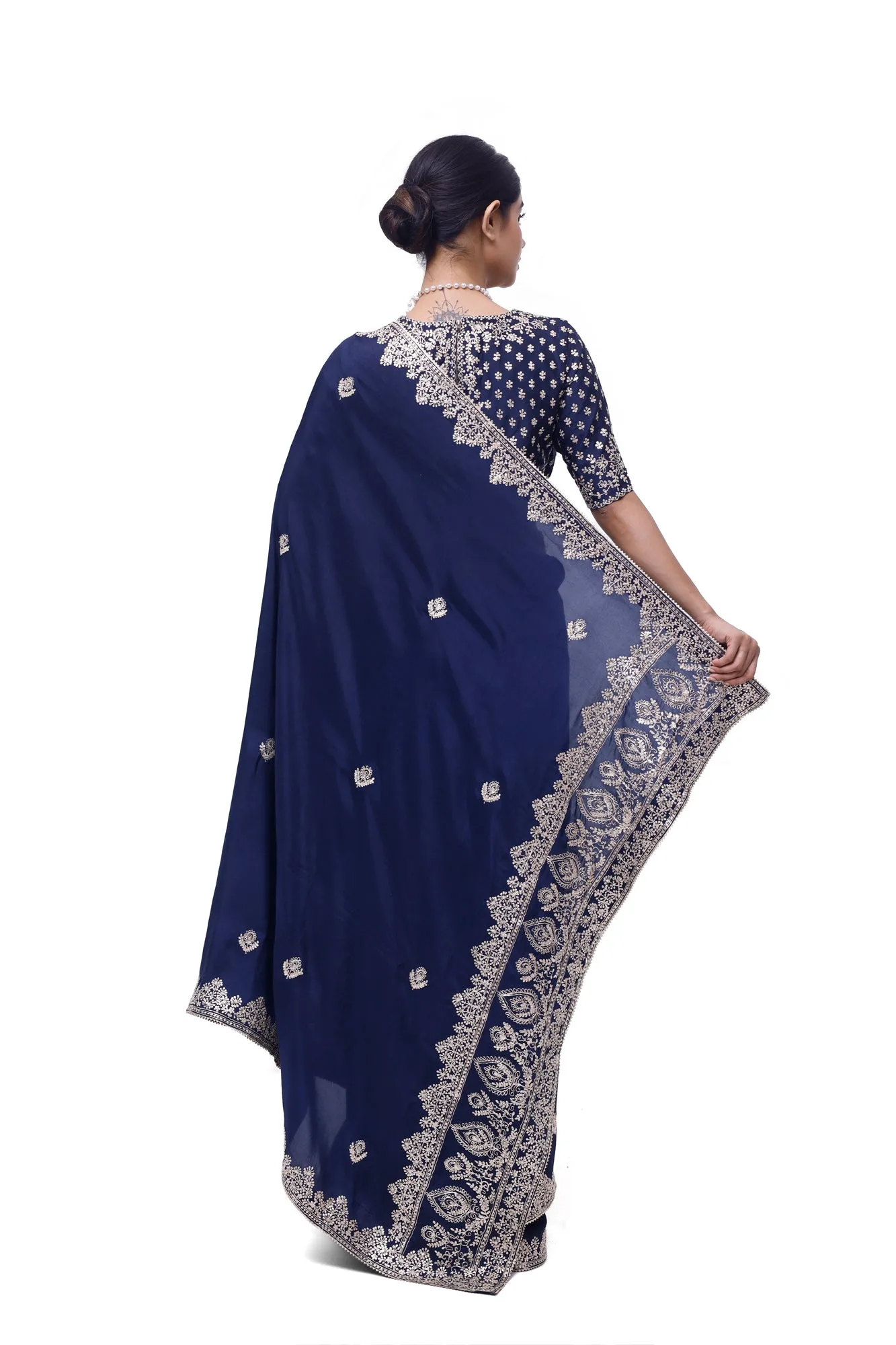 90Z983-RO Navy Blue Embroidered Silk Saree With Blouse