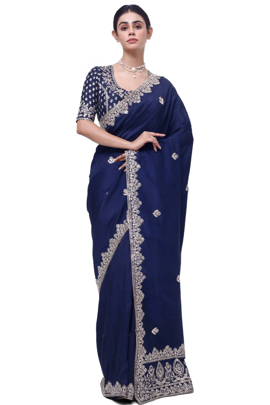 90Z983-RO Navy Blue Embroidered Silk Saree With Blouse