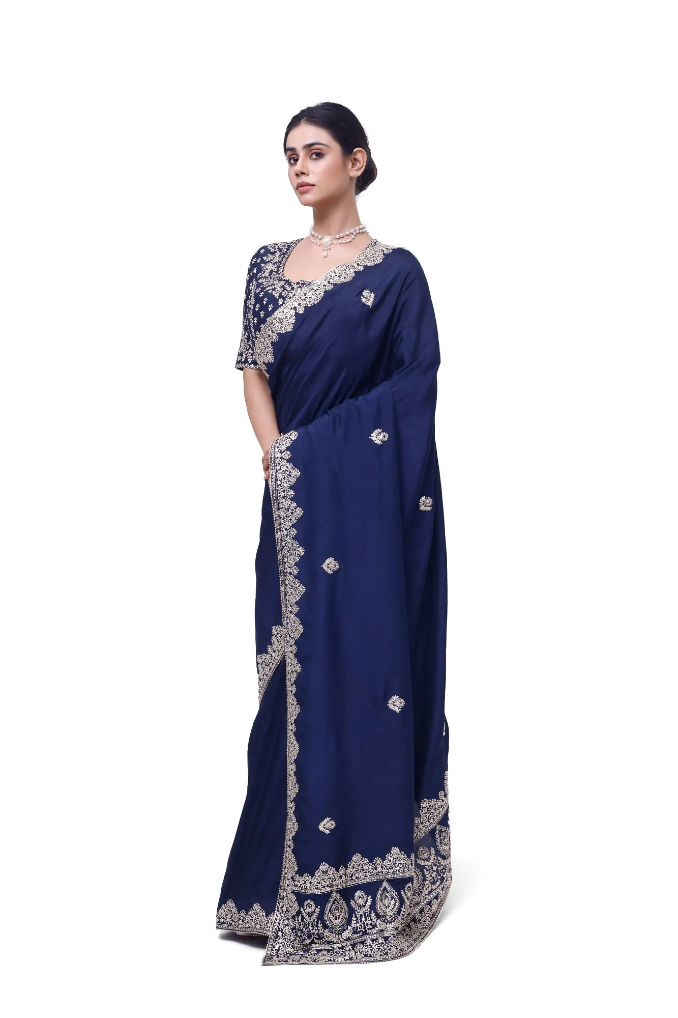 90Z983-RO Navy Blue Embroidered Silk Saree With Blouse