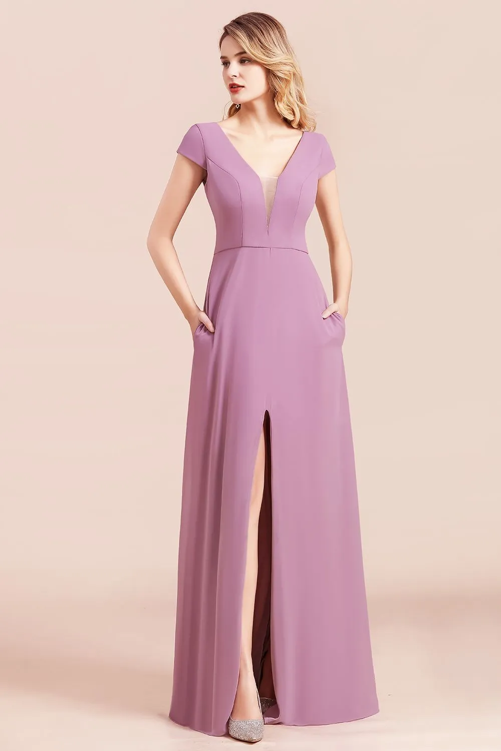 A-Line V-neck Chiffon Front Slit Long Bridesmaid Dress Wth Pockets