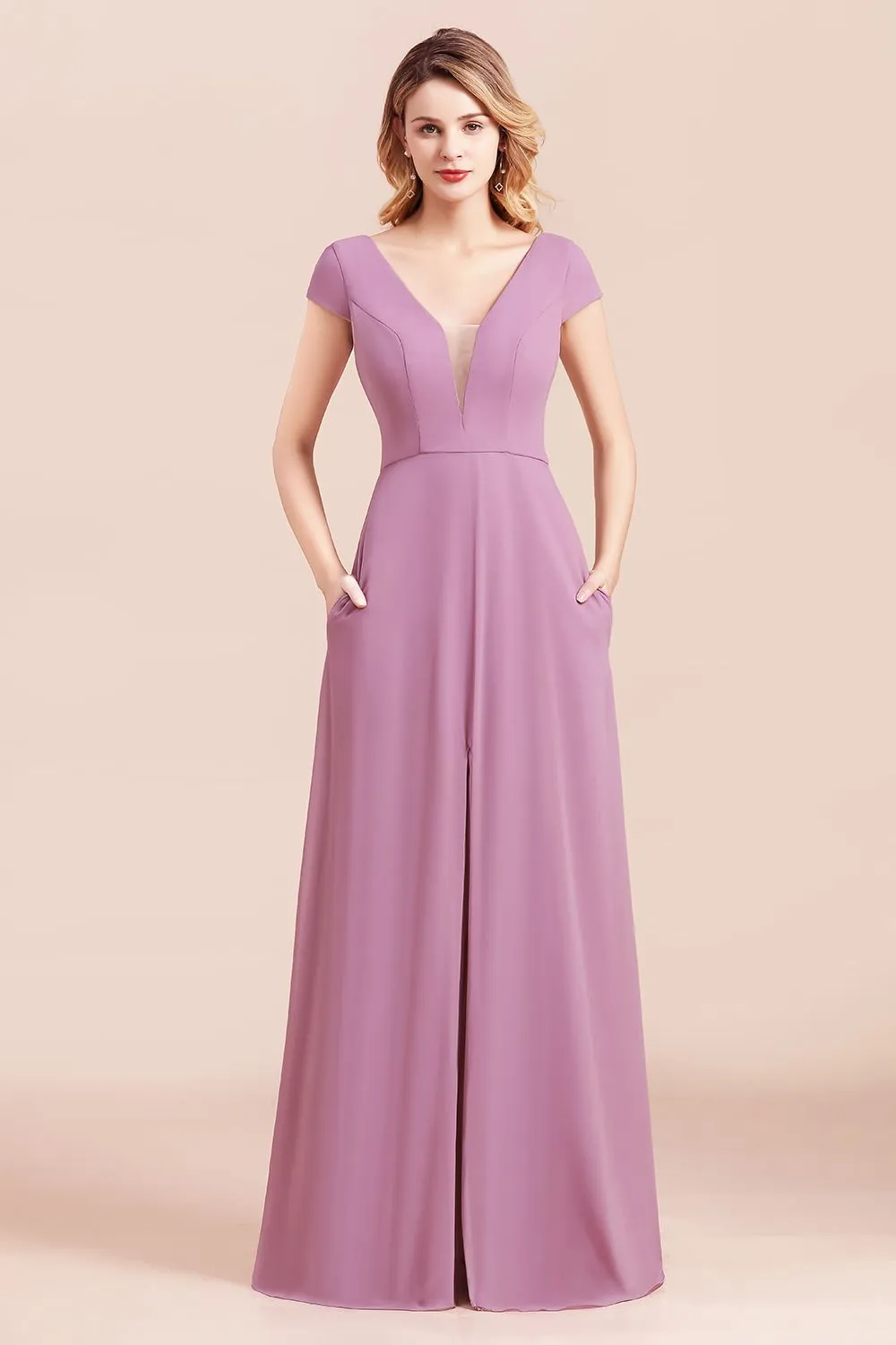 A-Line V-neck Chiffon Front Slit Long Bridesmaid Dress Wth Pockets