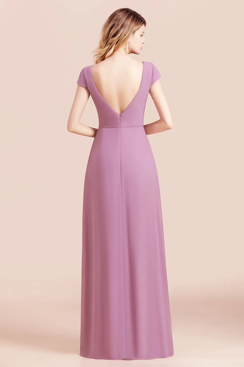 A-Line V-neck Chiffon Front Slit Long Bridesmaid Dress Wth Pockets