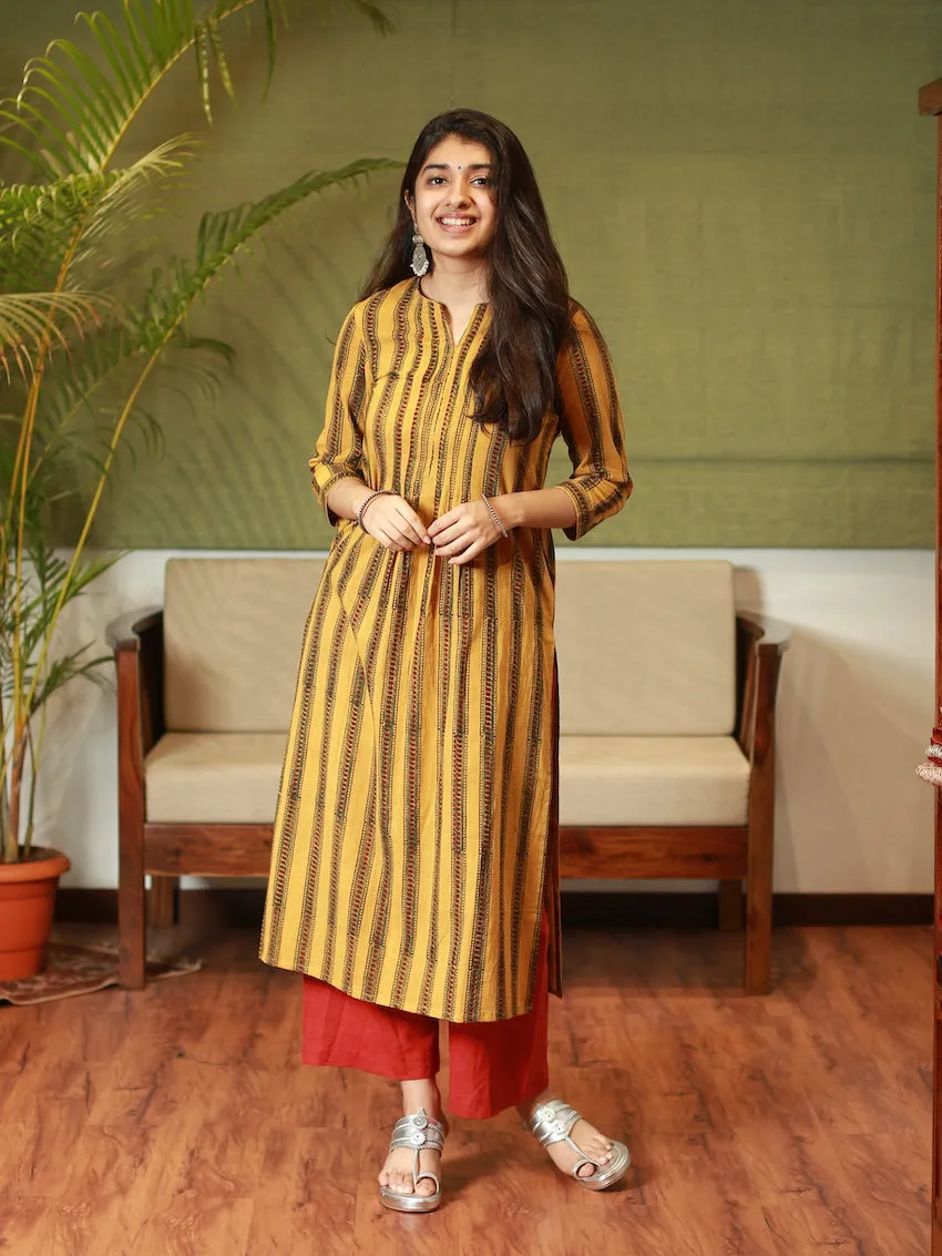 Ajrakh Mustard Pleated Kurta