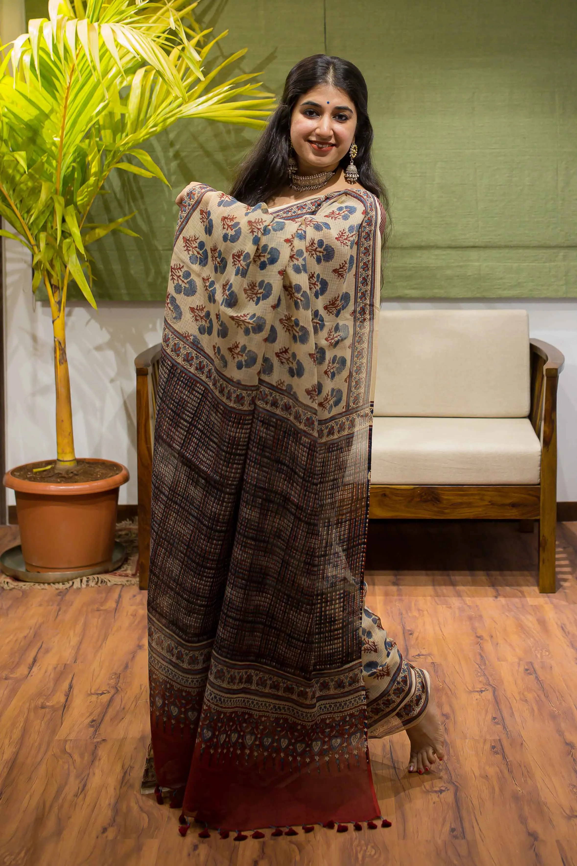 Ajrakh Natural Dyed Kota Doria Saree