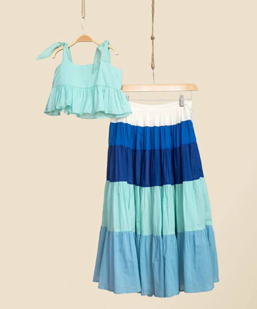 Aqua blue cotton pleated top and long skirt