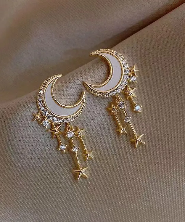 Beautiful Gold Sterling Silver Overgild Zircon Moon Star Drop Earrings GH1064