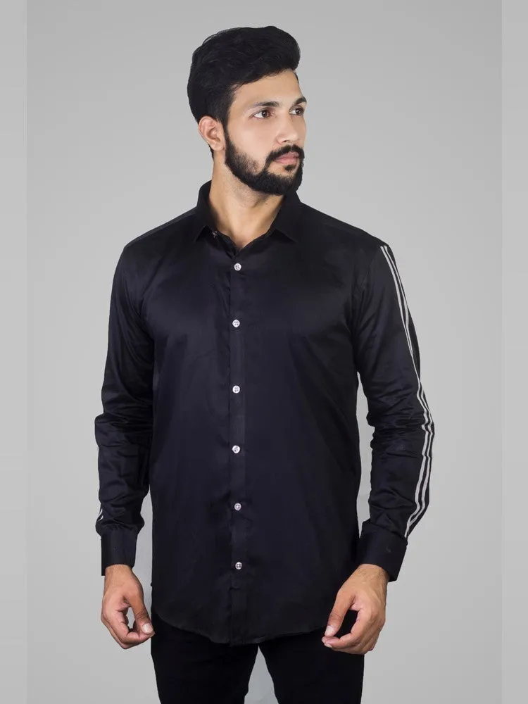 Black Formal Shirt - Solid Giza Cotton Striped-Sleeve Shirt