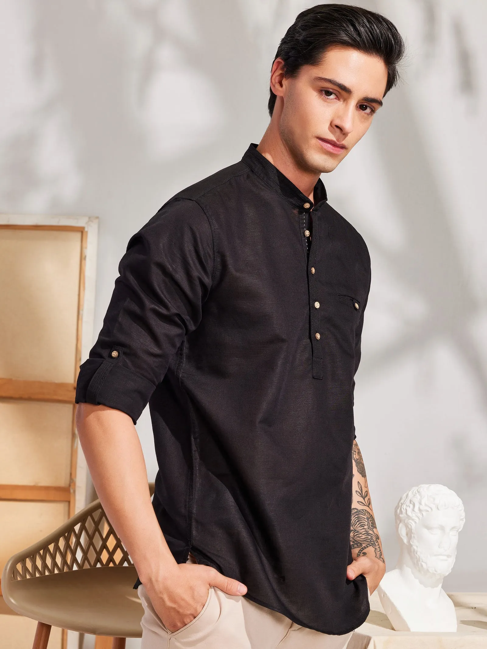 Black Linen Solid Casual Kurta