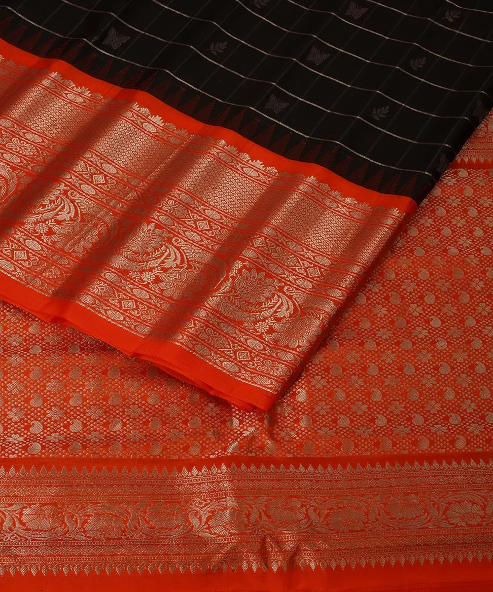 Black orange handwoven gadwal silk saree