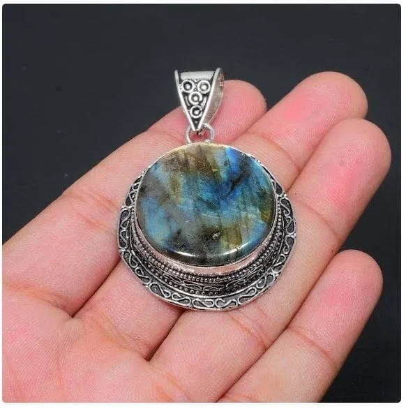 Blue Fire Labradorite Gemstone Handmade 925 Sterling Silver Pendant