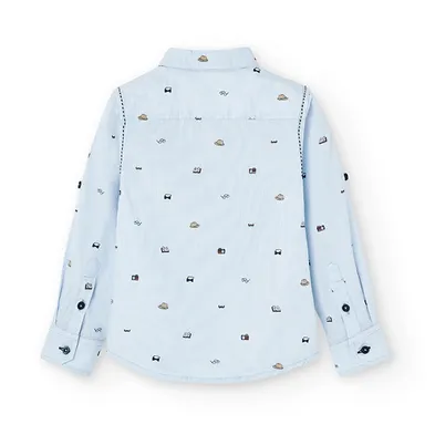 Boboli long-sleeved shirt for children and boys in poplin with print detail 736354-9052 light blue