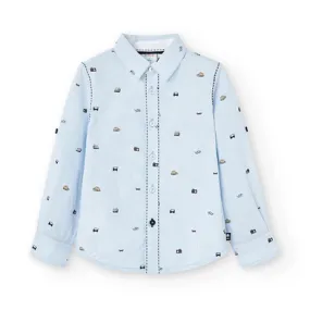 Boboli long-sleeved shirt for children and boys in poplin with print detail 736354-9052 light blue