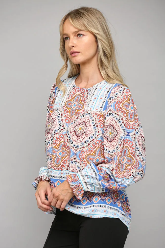 Border Print Lace Insert Peasant Top