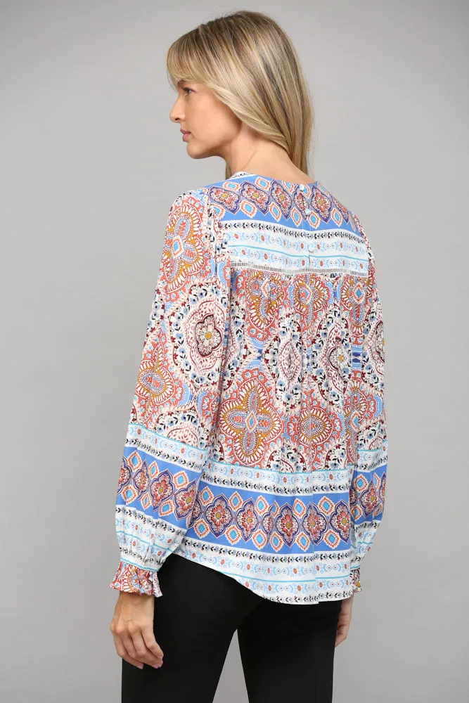 Border Print Lace Insert Peasant Top