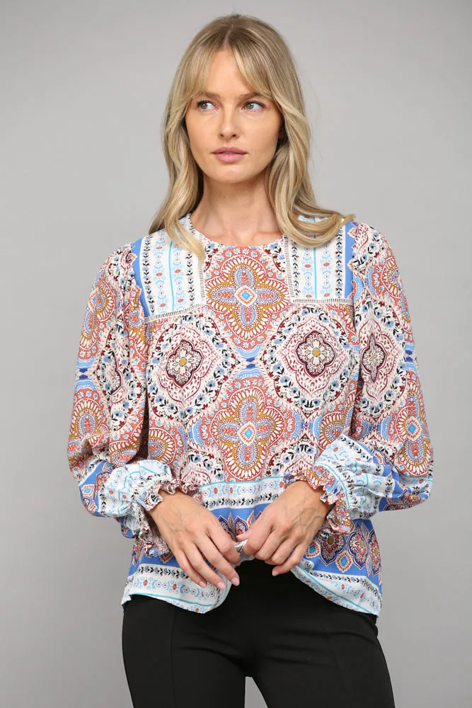 Border Print Lace Insert Peasant Top