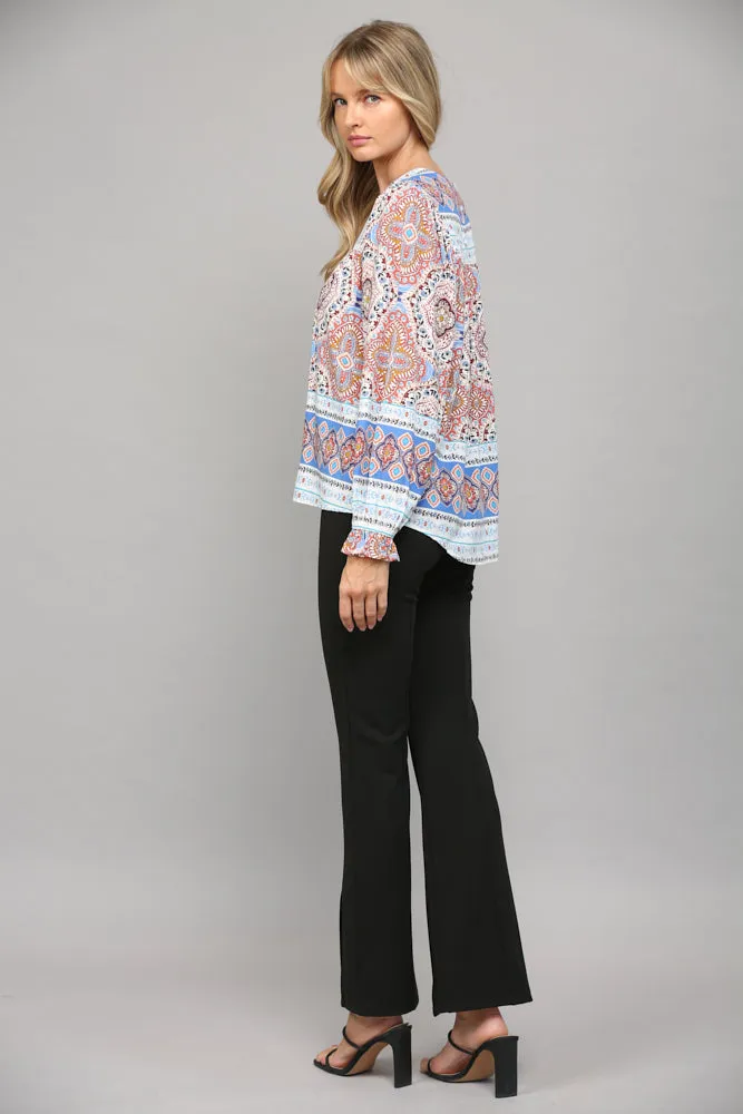 Border Print Lace Insert Peasant Top