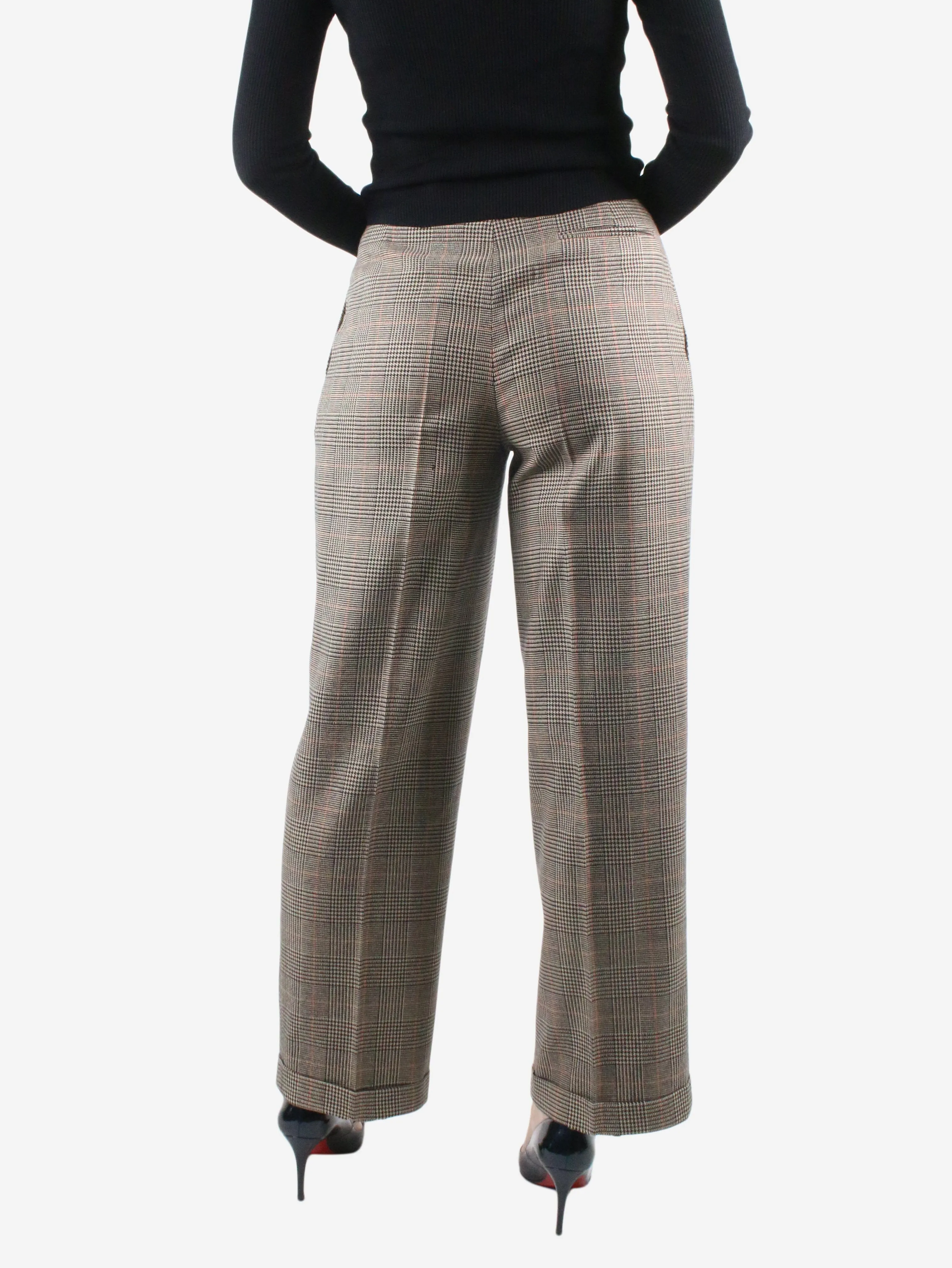 Brown high-rise check wool trousers - size UK 10