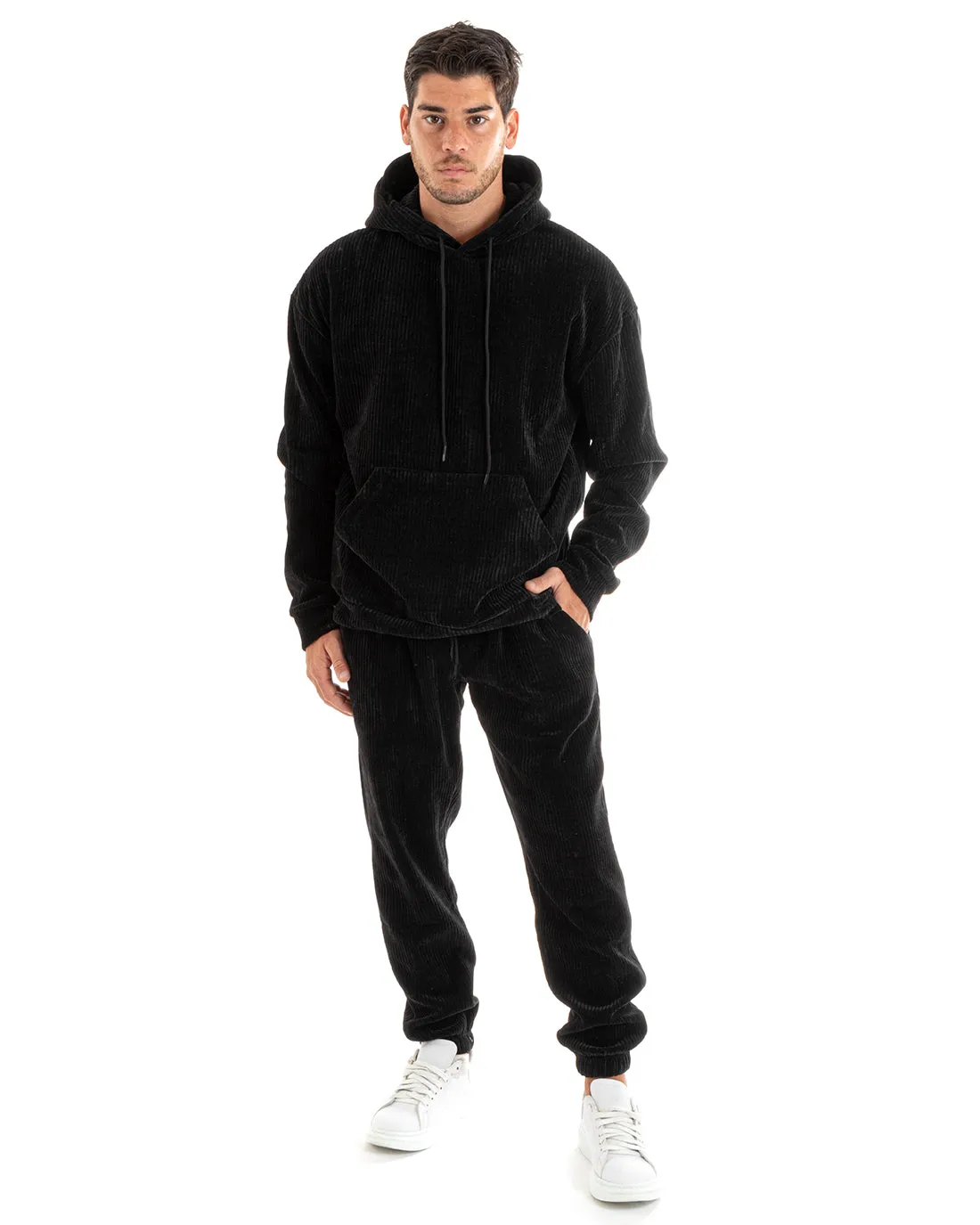 Completo Tuta Uomo Velluto Nero Relaxed Fit Felpa Con Cappuccio Pantaloni GIOSAL-OU2394A