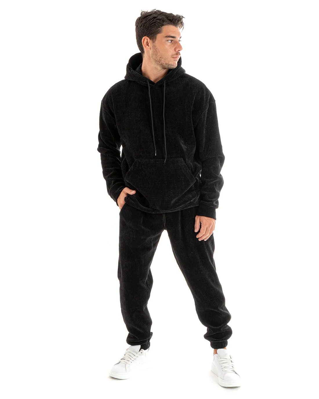 Completo Tuta Uomo Velluto Nero Relaxed Fit Felpa Con Cappuccio Pantaloni GIOSAL-OU2394A