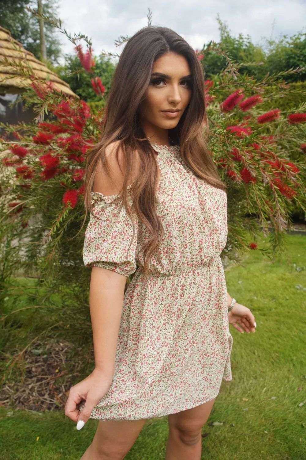 Double Second Cold Shoulder Floral Dress