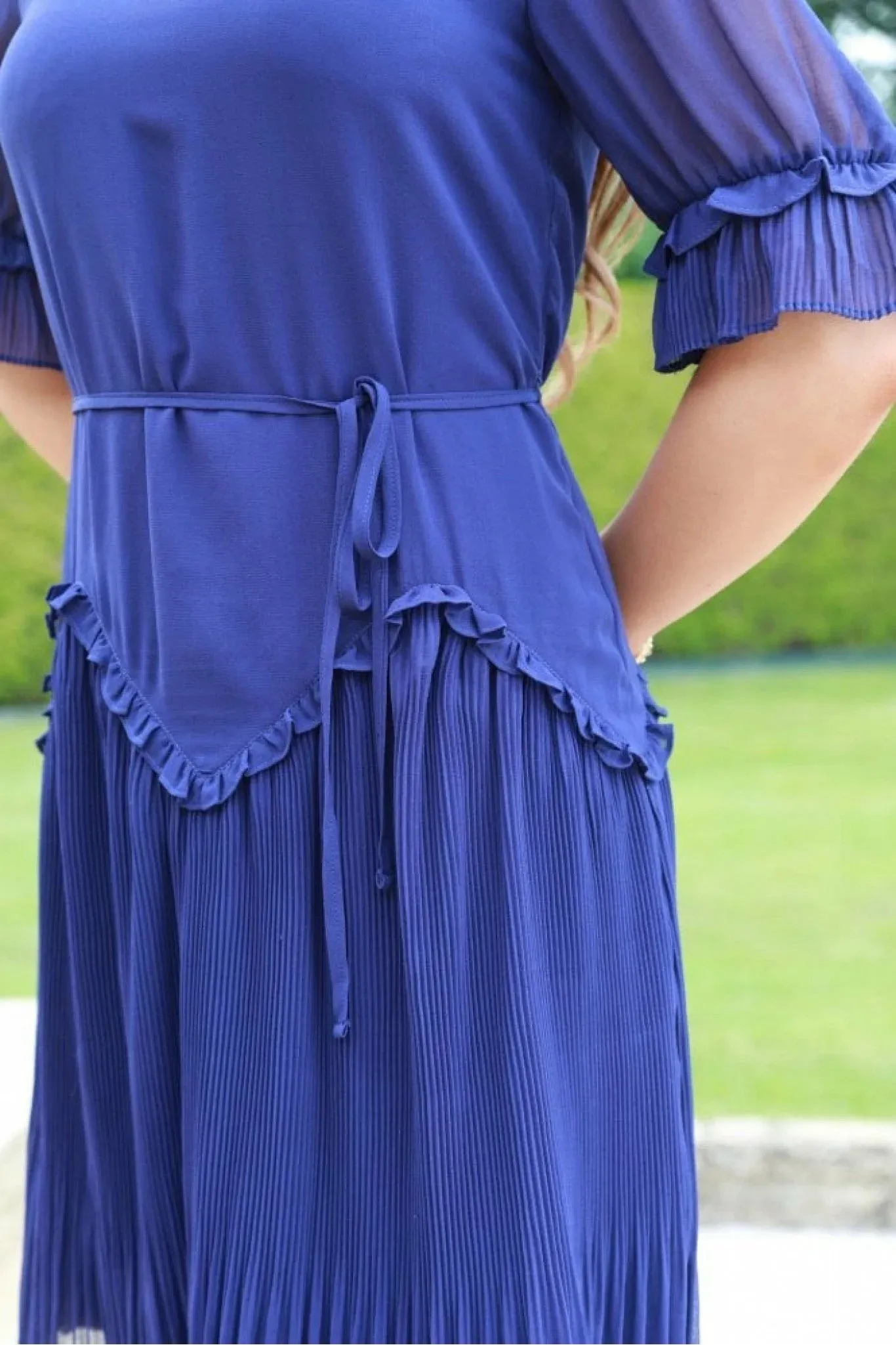 Double Second Navy Chiffon Pleat Detail Dress