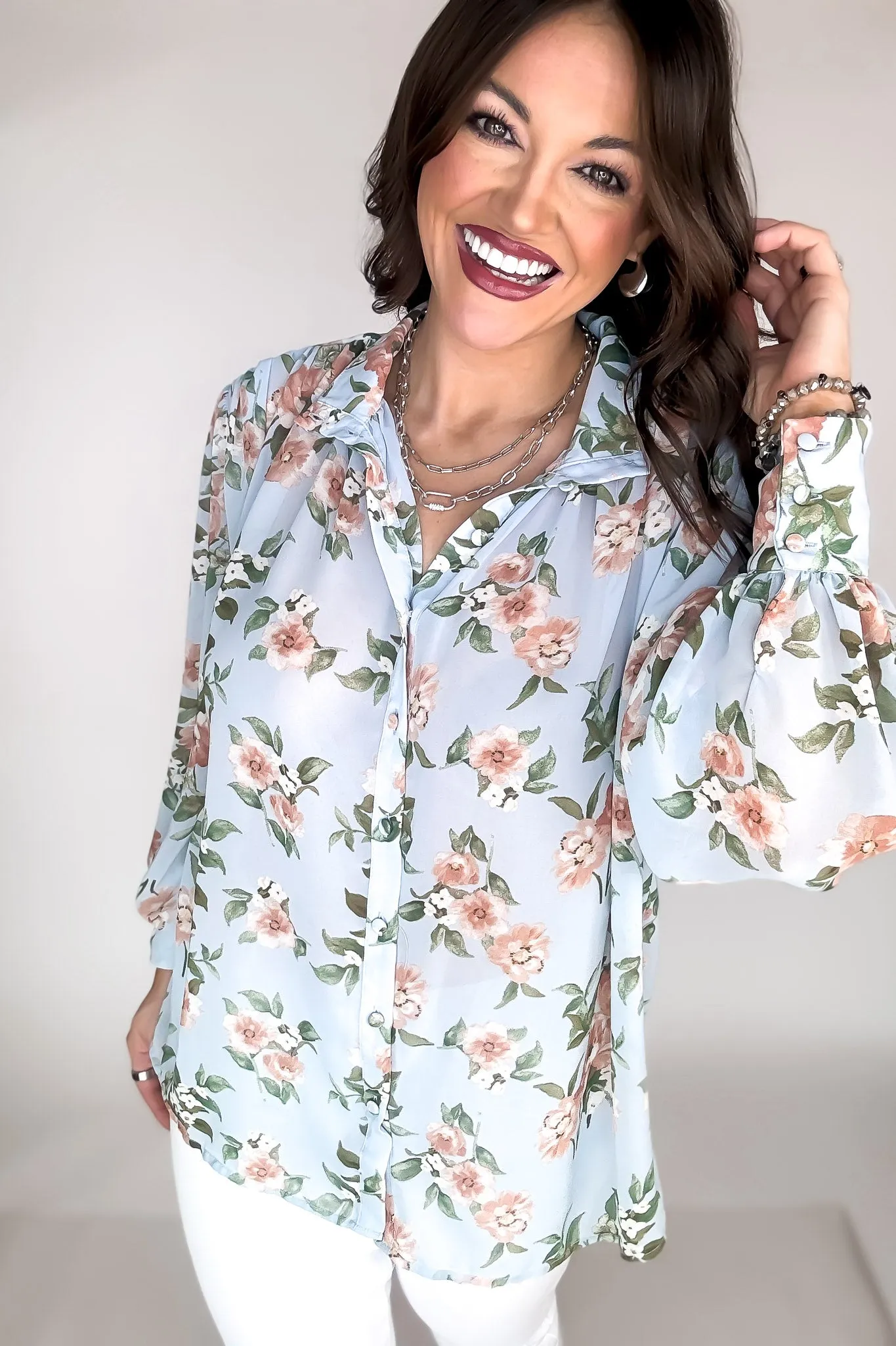 Floral Ice Blue Blouse Top