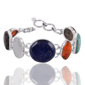 Genuine Blue Labradorite, Coral, Moonstone and Lapis Multi Stone Handcrafted 925 Sterling Silver Bracelet