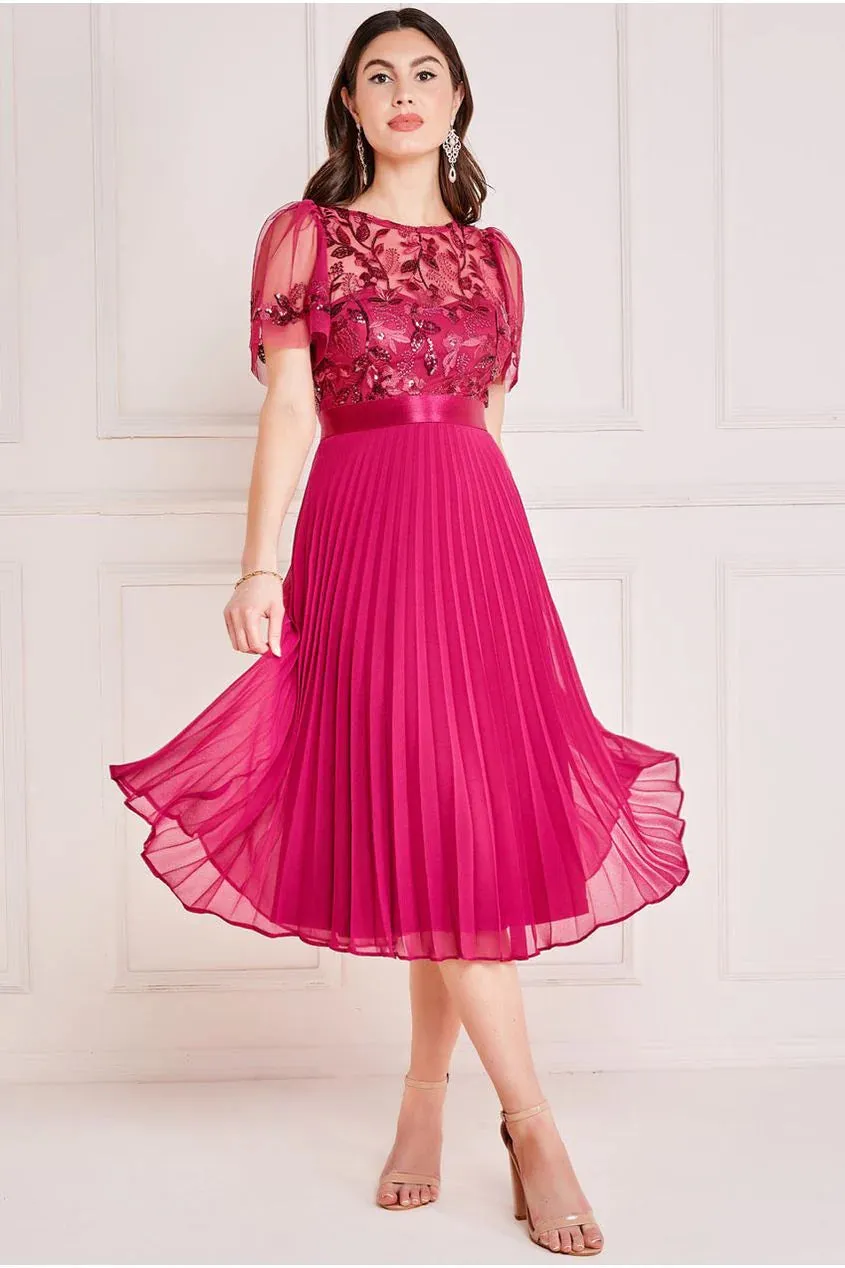 Goddiva Embroidered Top Chiffon Pleated Midi