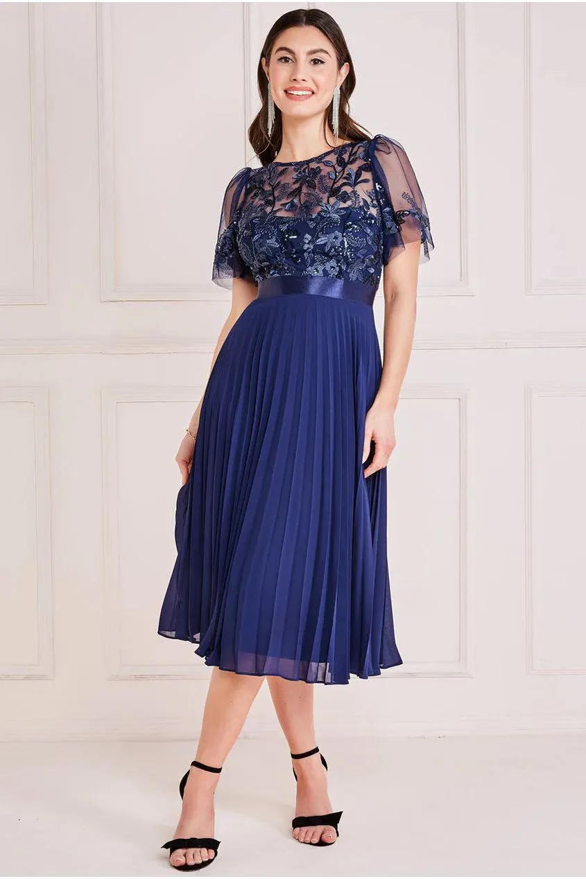 Goddiva Embroidered Top Chiffon Pleated Midi