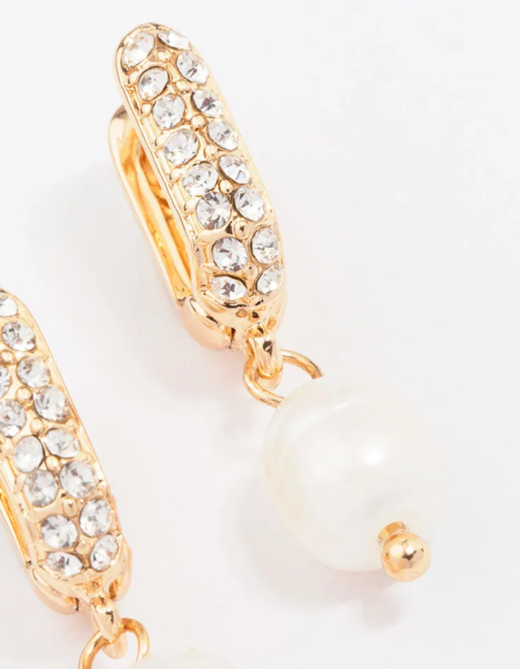 Gold Small Diamante & Pearl Drop Earrings