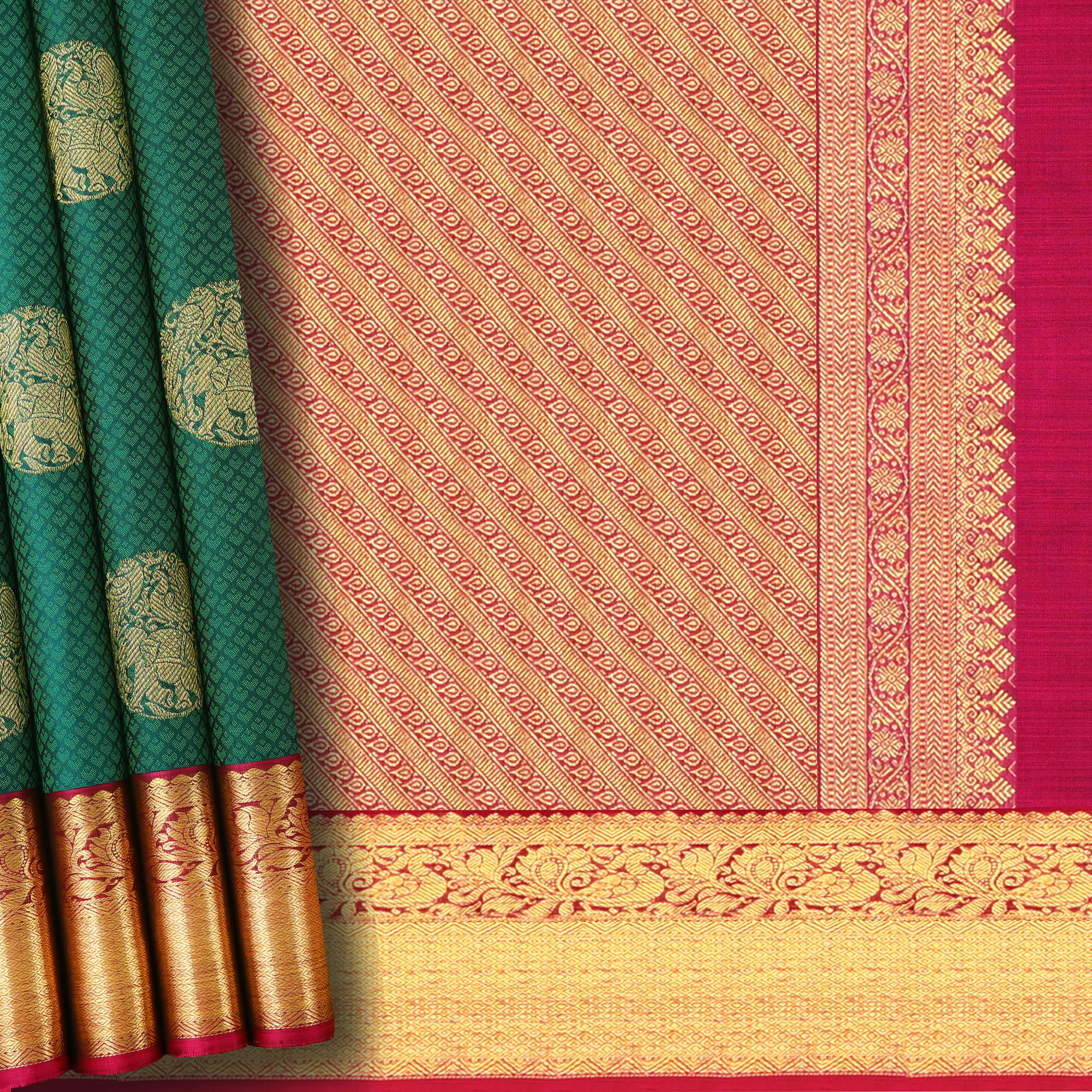 Handwoven Green with Magenta Kanjivaram Silk Saree - 198T002499DSC