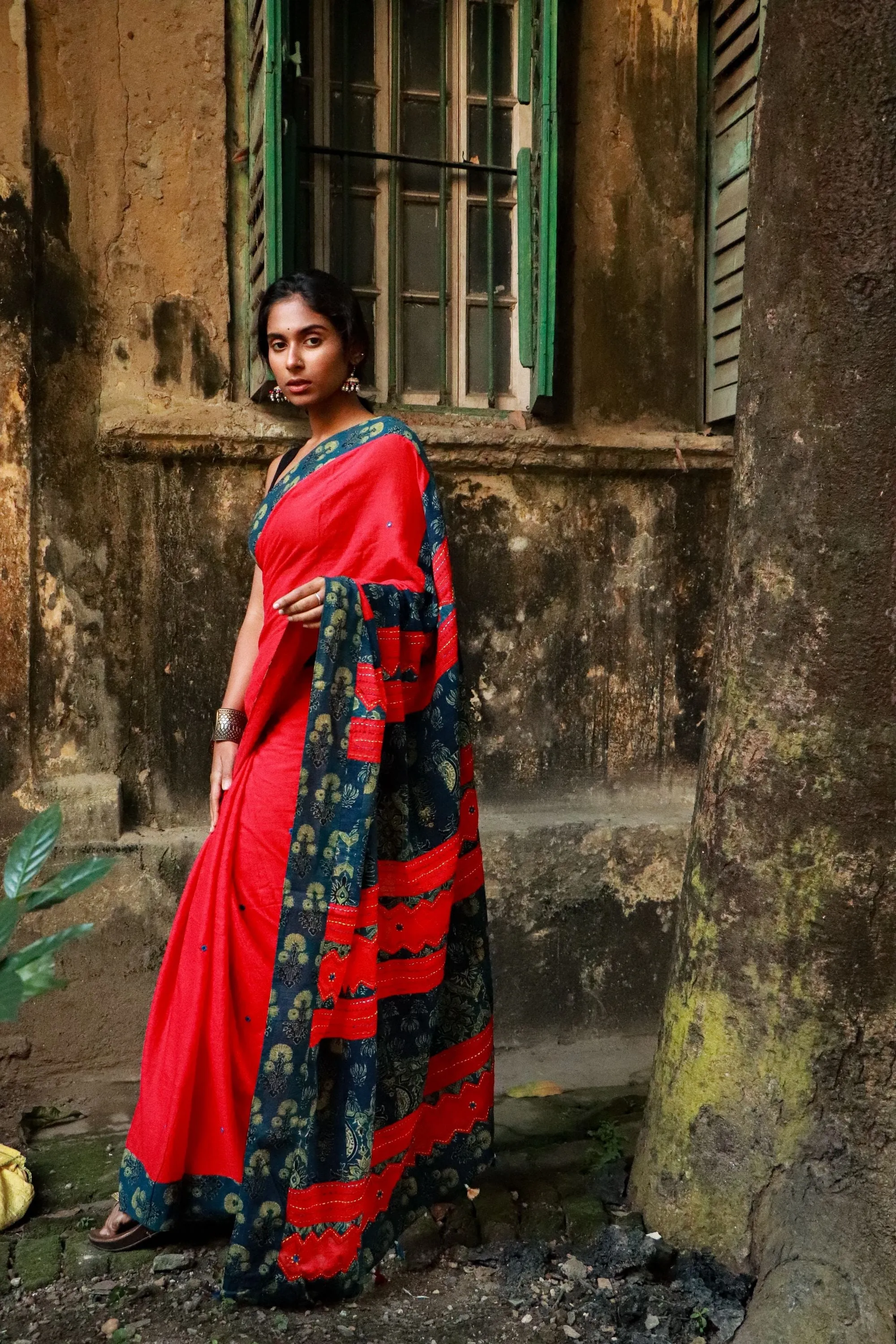 Jharokha -  Blue and Red Ajrakh handblockprinted patchwork Gudri Barmer saree