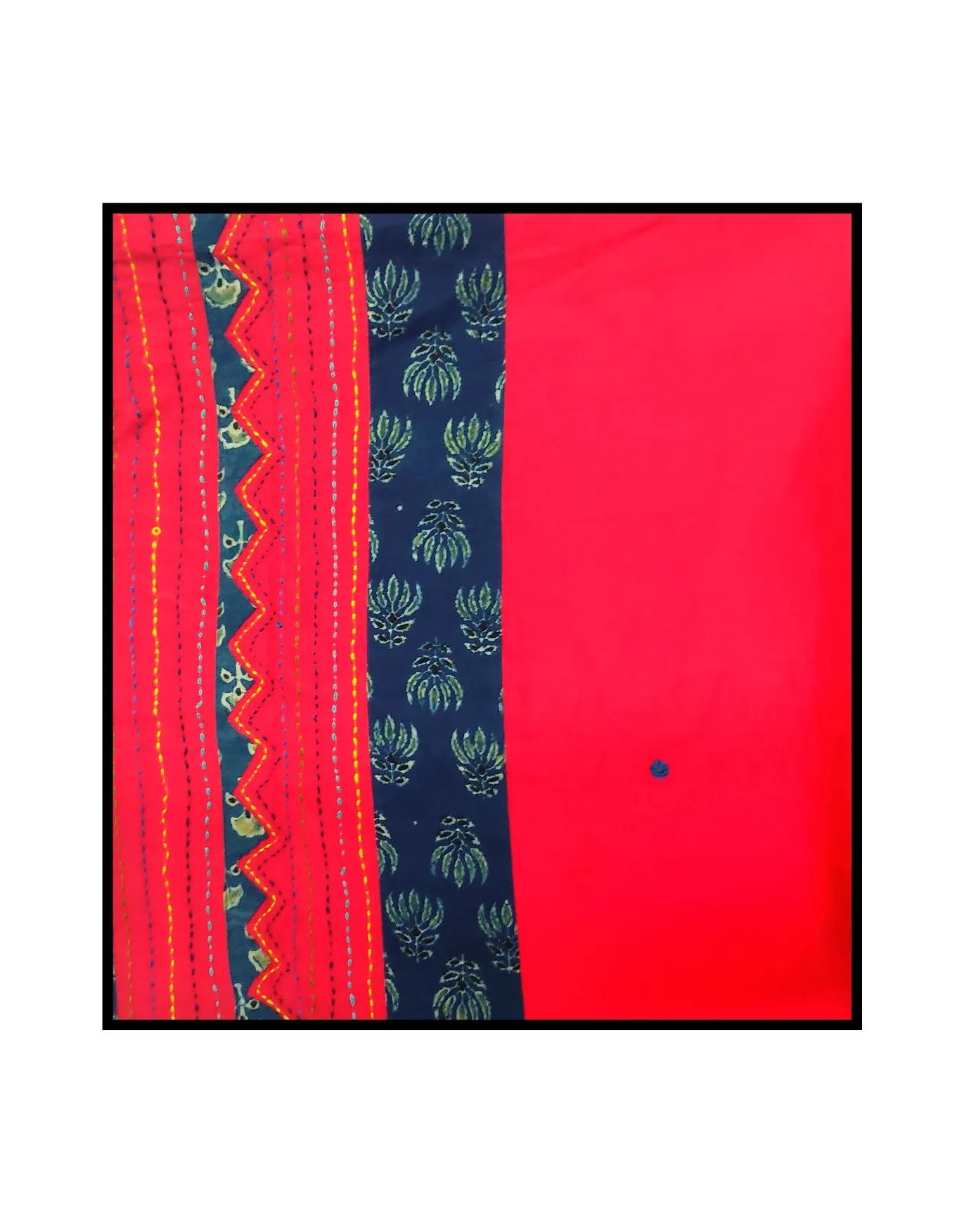 Jharokha -  Blue and Red Ajrakh handblockprinted patchwork Gudri Barmer saree