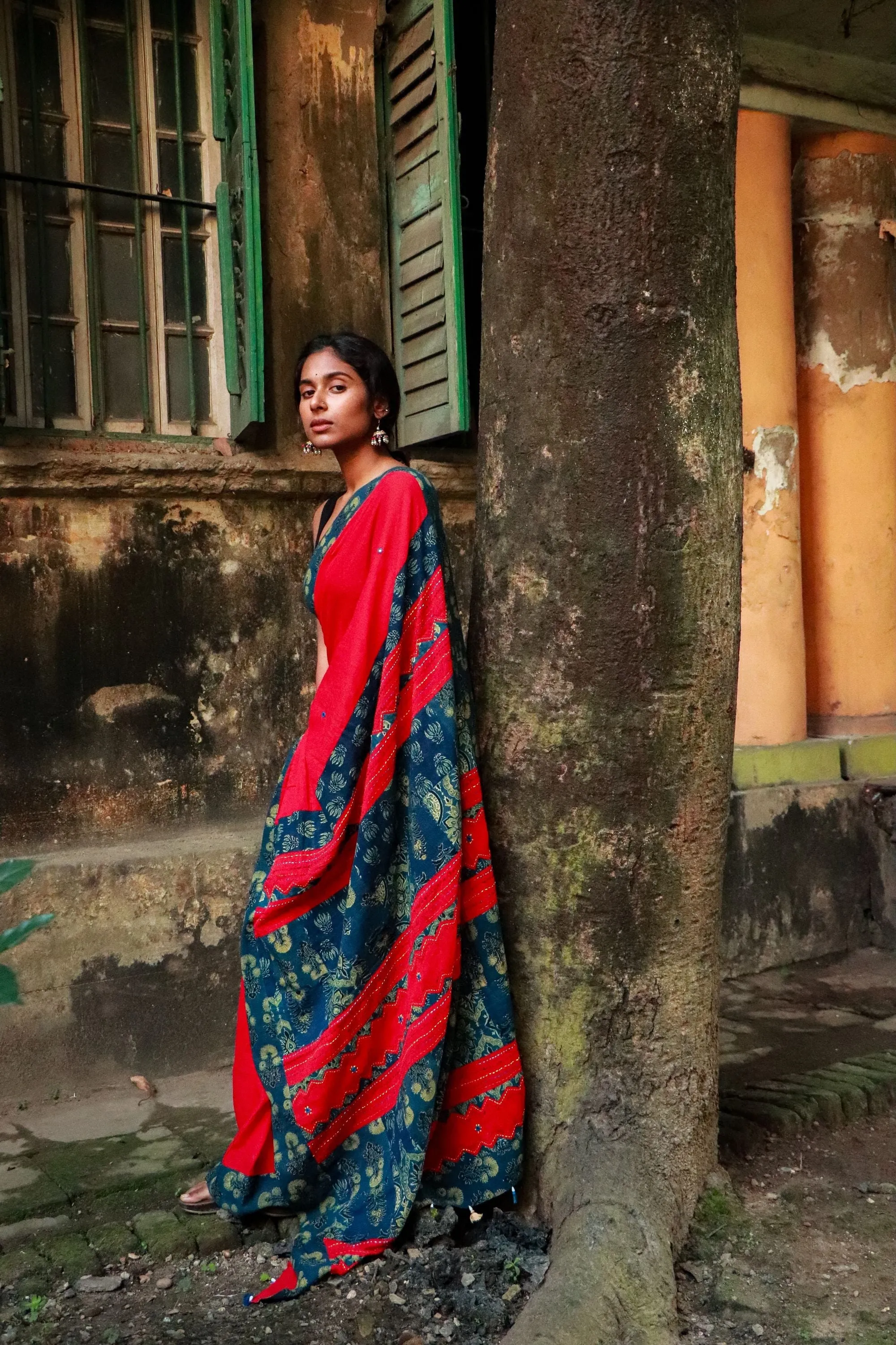 Jharokha -  Blue and Red Ajrakh handblockprinted patchwork Gudri Barmer saree