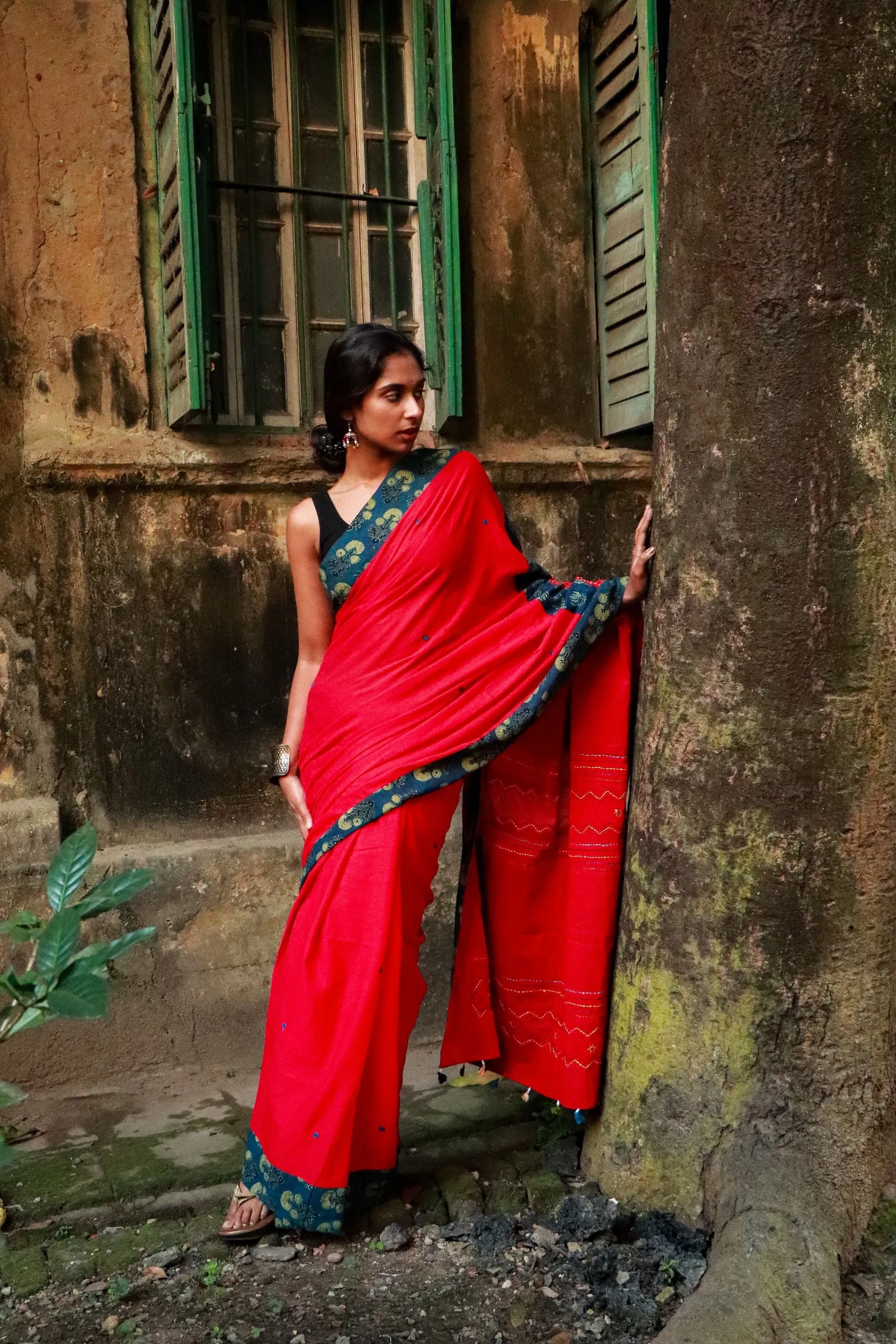 Jharokha -  Blue and Red Ajrakh handblockprinted patchwork Gudri Barmer saree