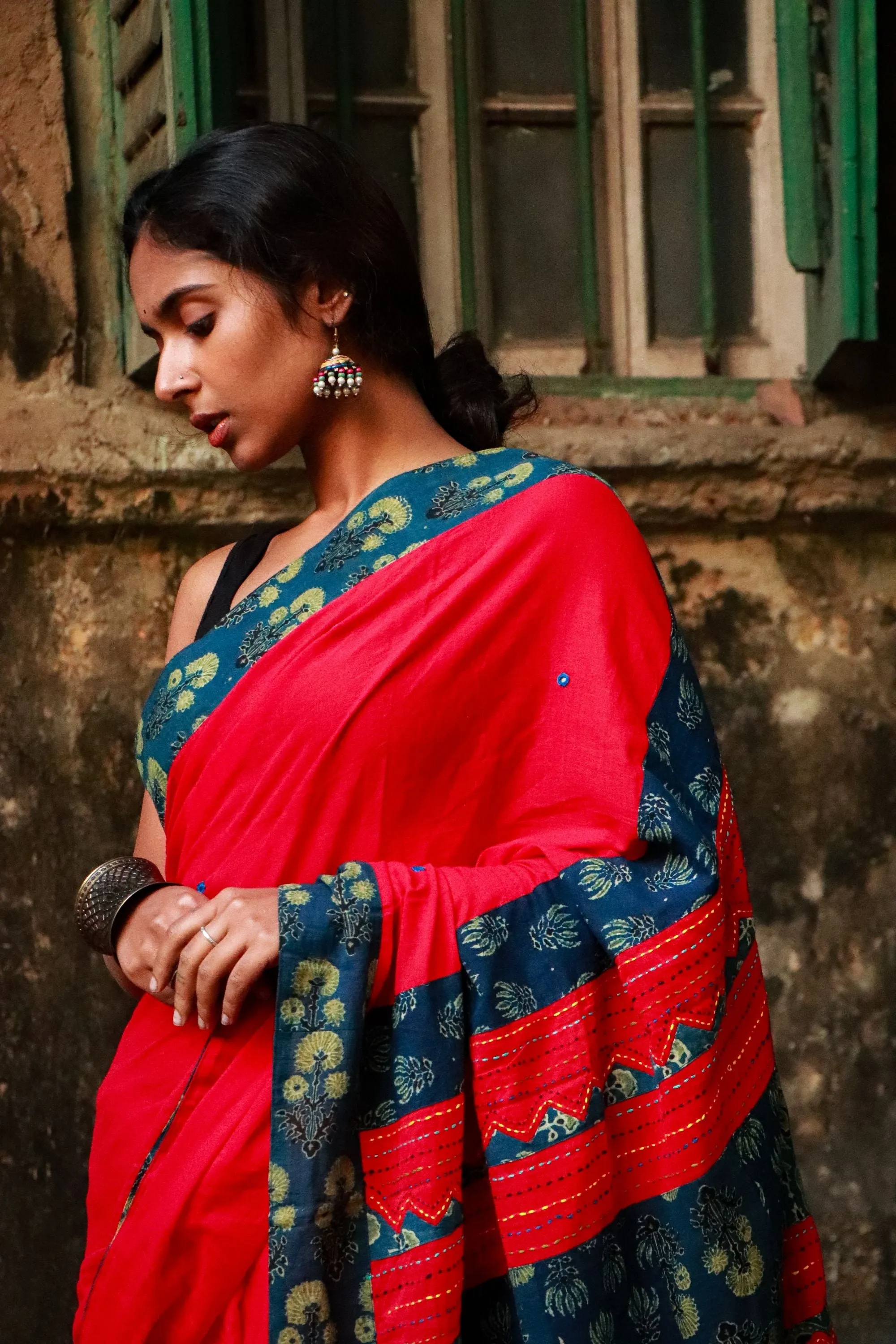 Jharokha -  Blue and Red Ajrakh handblockprinted patchwork Gudri Barmer saree