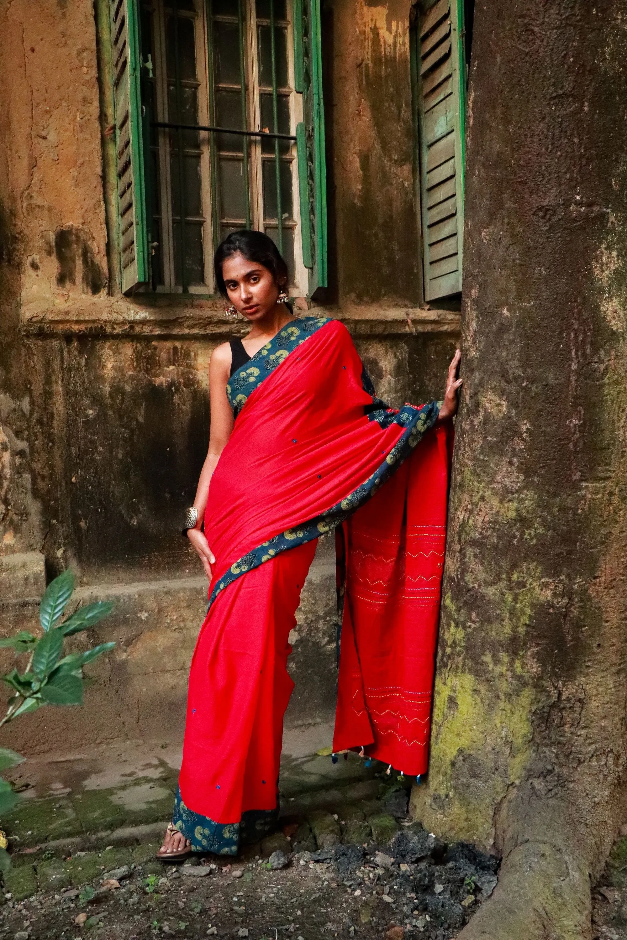 Jharokha -  Blue and Red Ajrakh handblockprinted patchwork Gudri Barmer saree