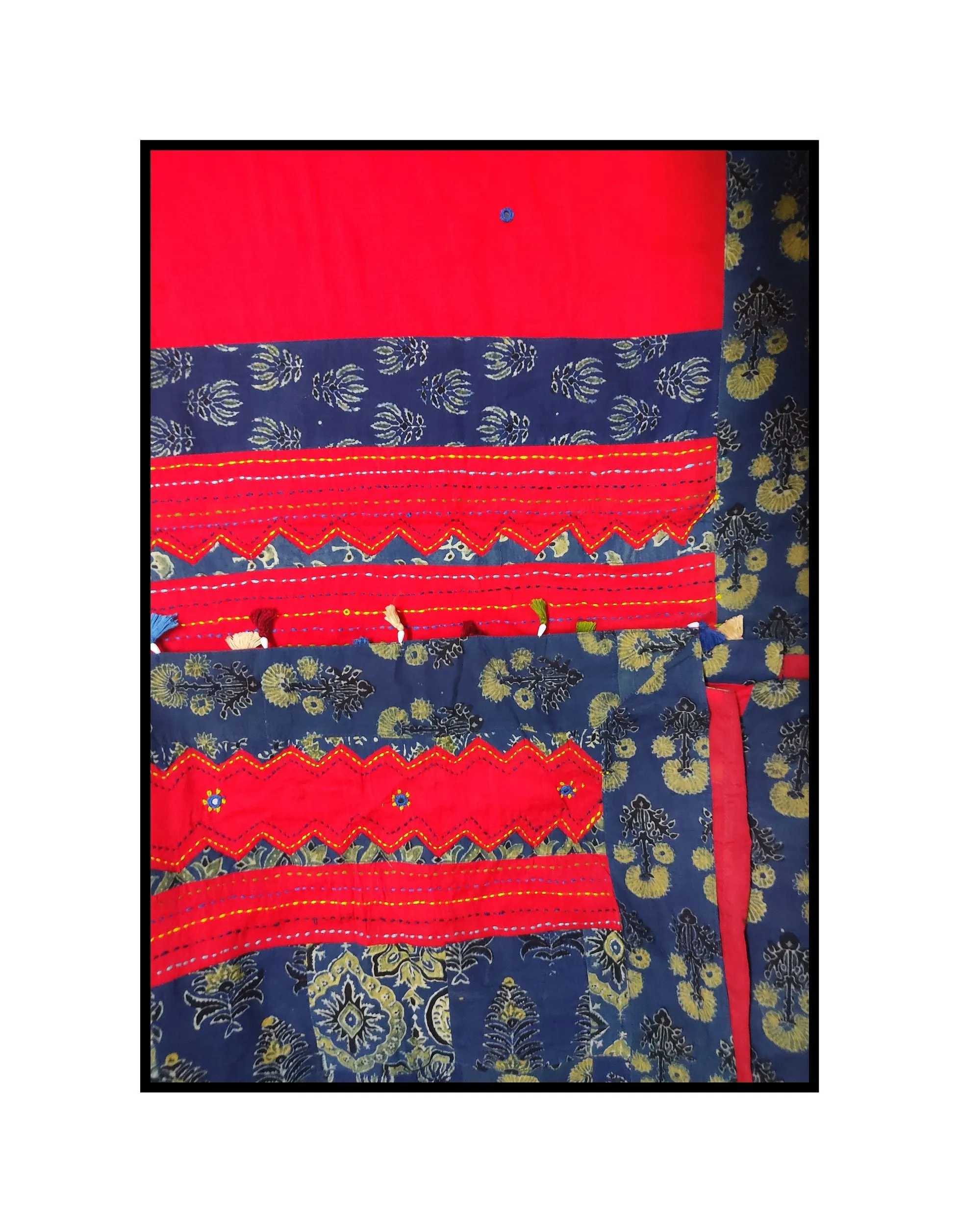 Jharokha -  Blue and Red Ajrakh handblockprinted patchwork Gudri Barmer saree