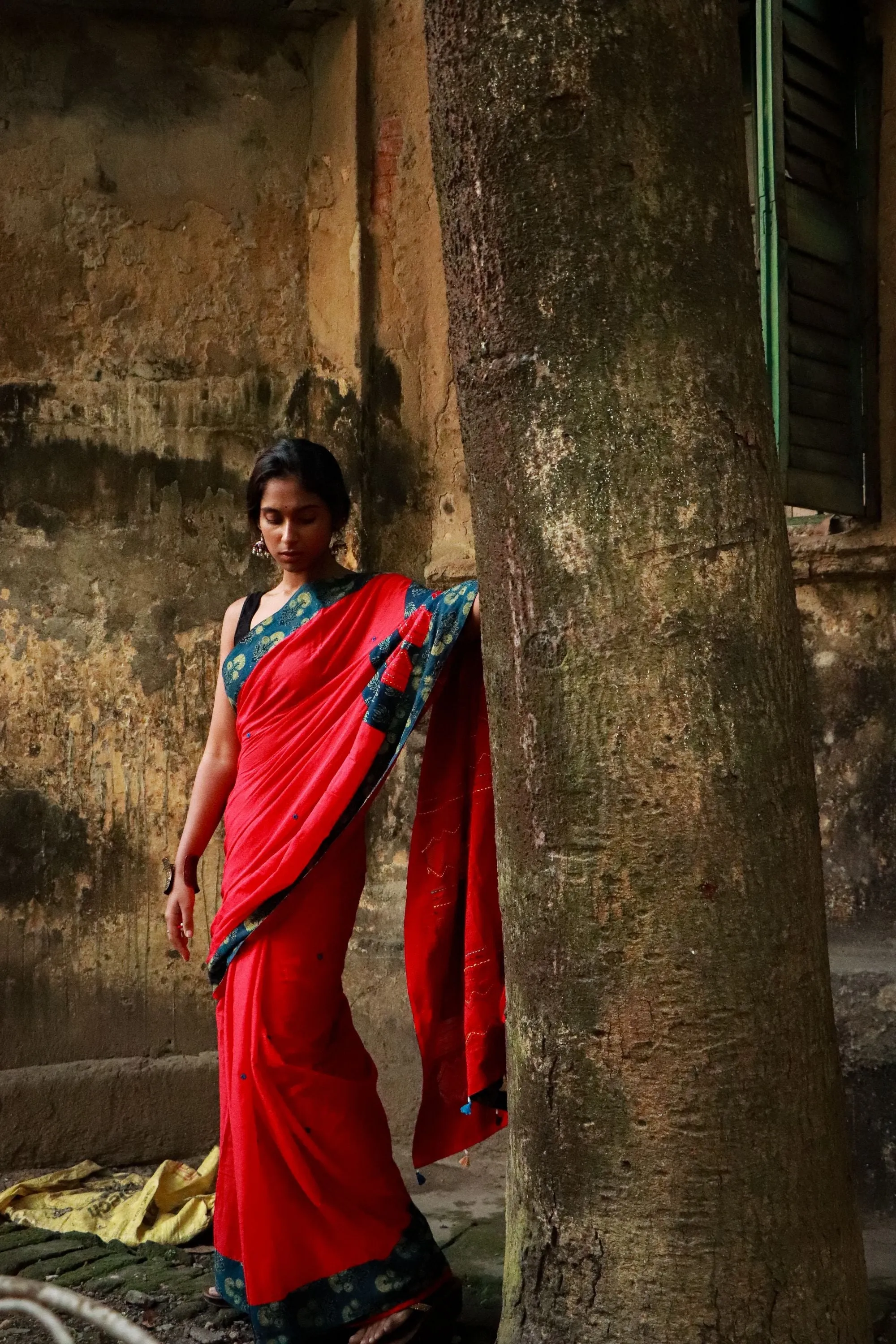 Jharokha -  Blue and Red Ajrakh handblockprinted patchwork Gudri Barmer saree