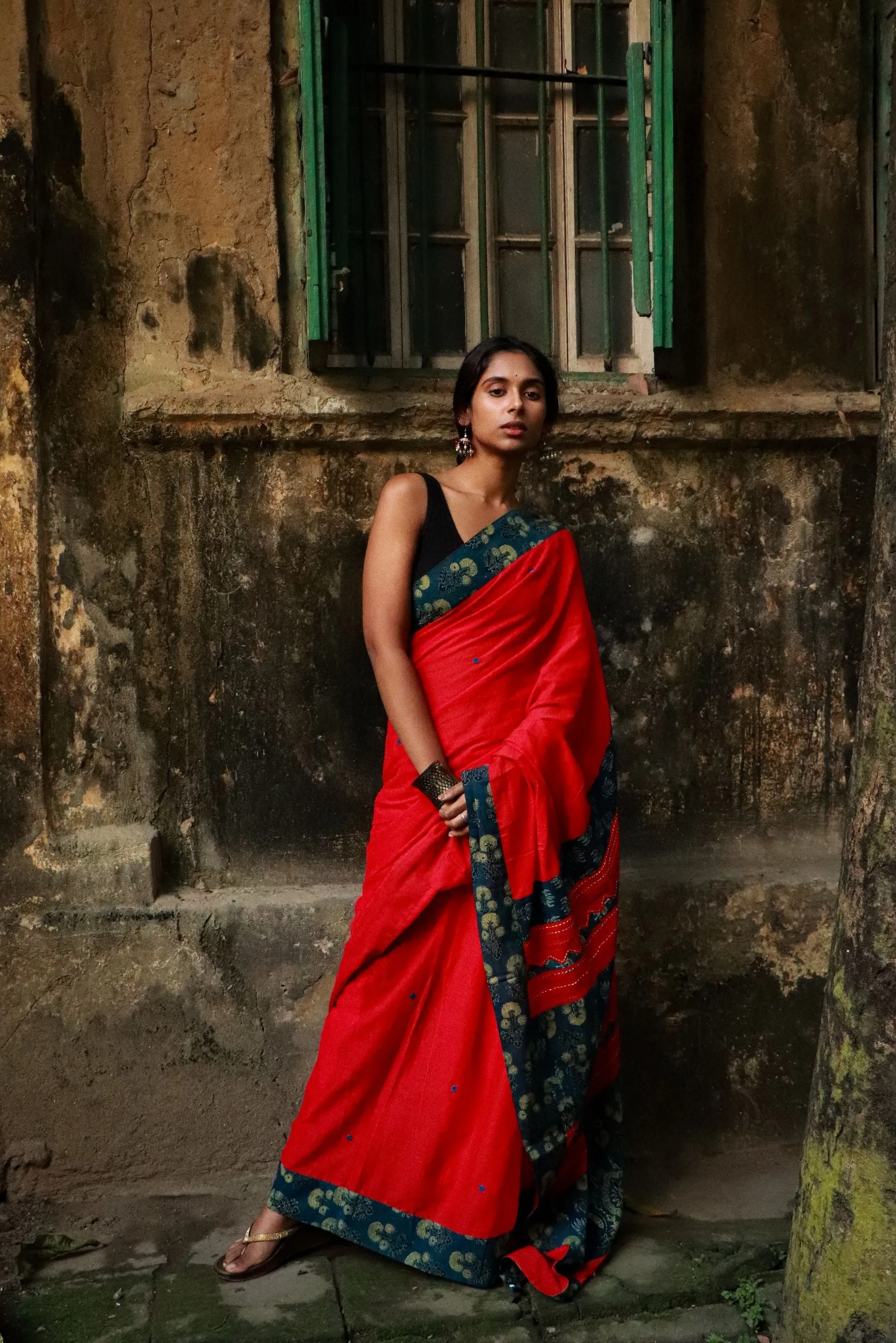 Jharokha -  Blue and Red Ajrakh handblockprinted patchwork Gudri Barmer saree