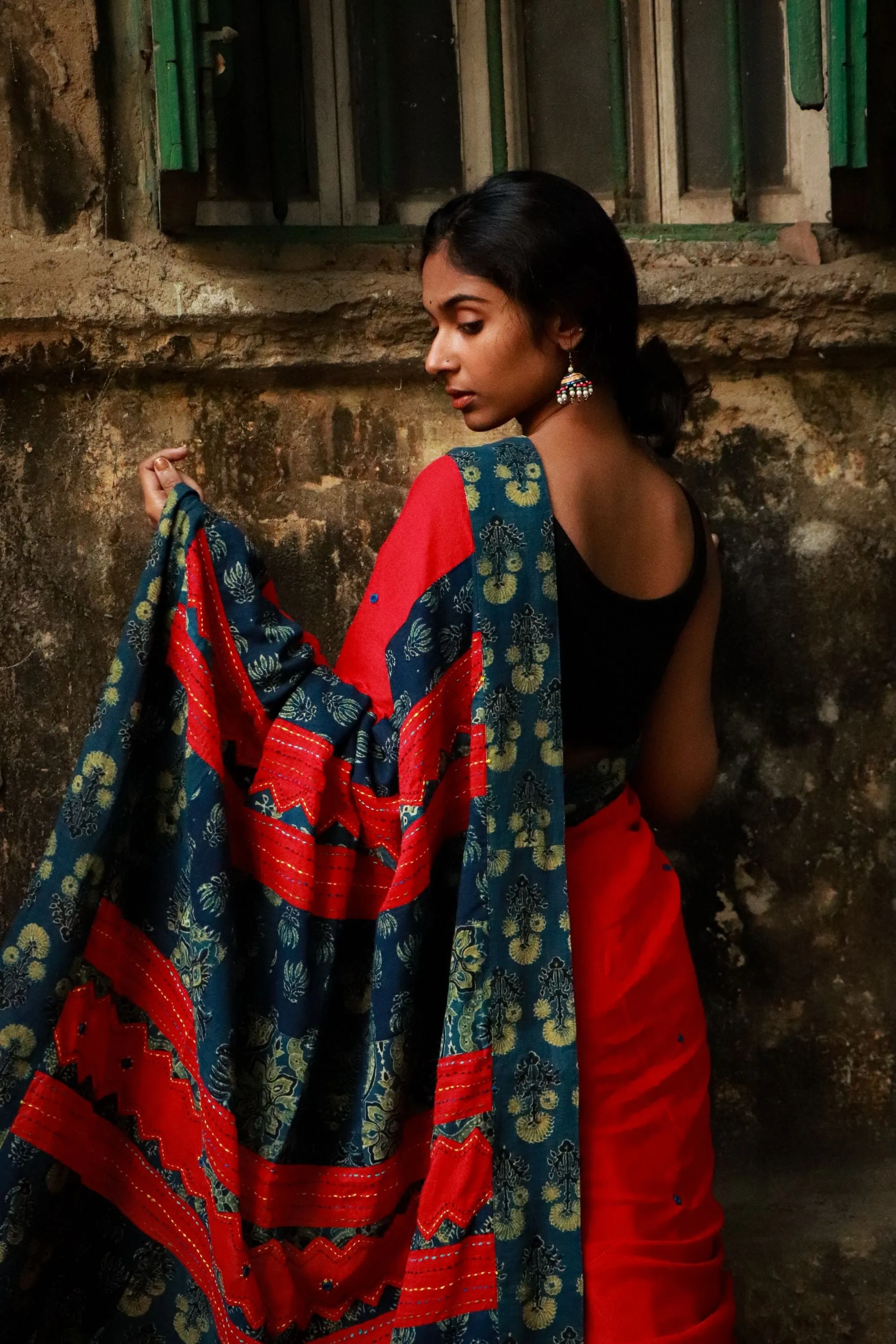 Jharokha -  Blue and Red Ajrakh handblockprinted patchwork Gudri Barmer saree