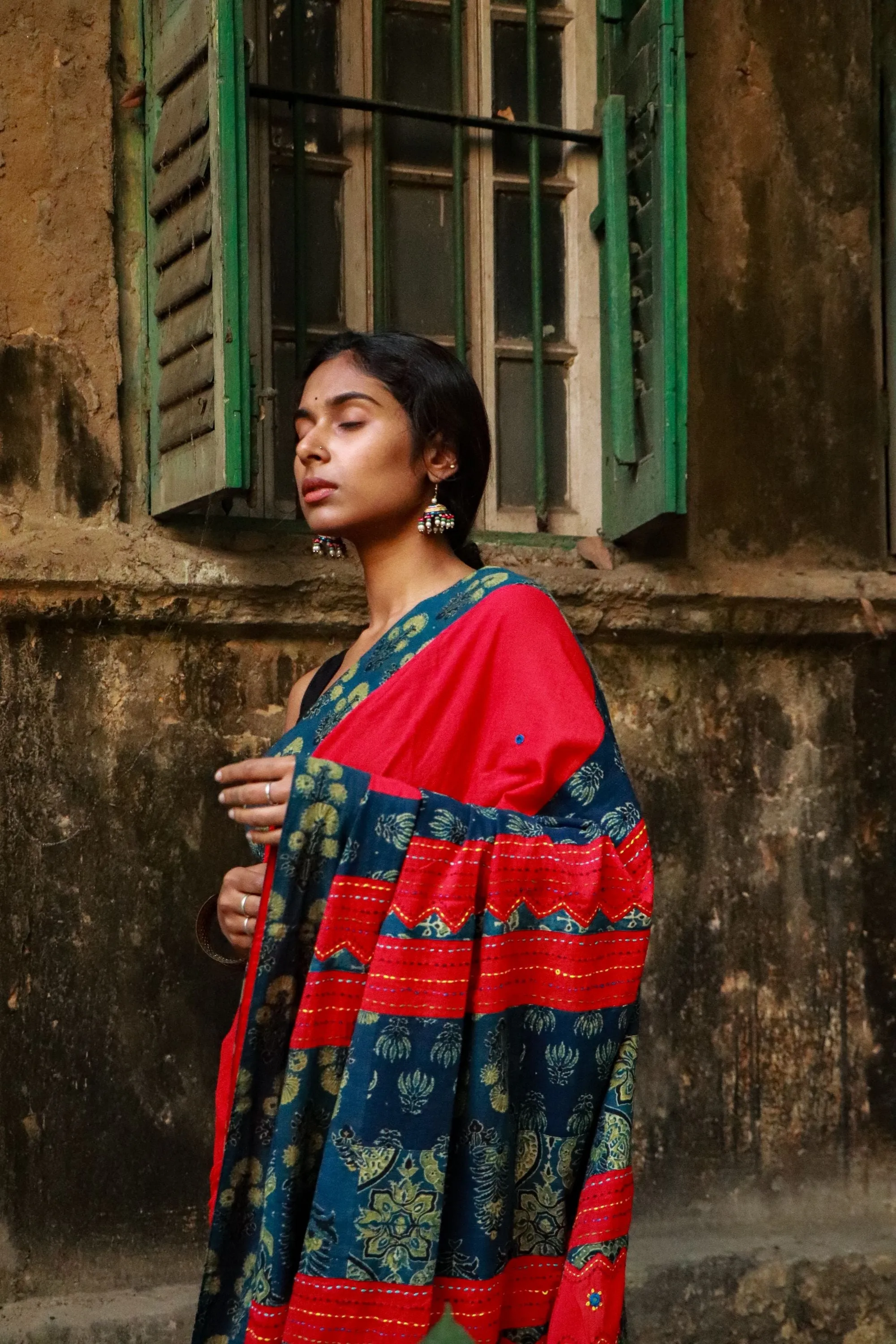 Jharokha -  Blue and Red Ajrakh handblockprinted patchwork Gudri Barmer saree