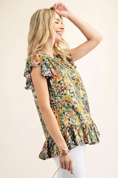 Kori America Full Size Printed Ruffle Hem Cap Sleeve Blouse