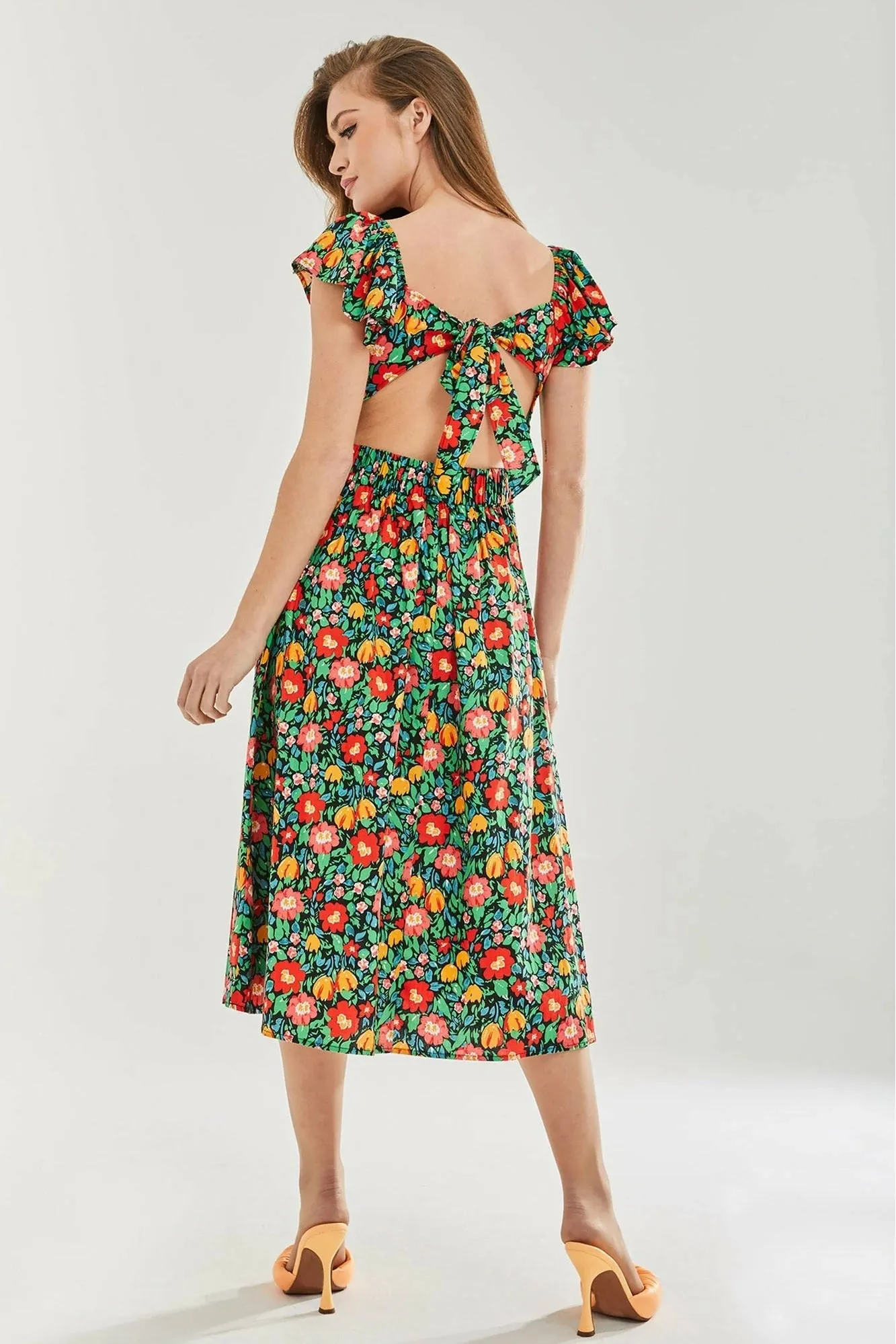 Liquorish Floral Print Cut Out Back Midi Dress