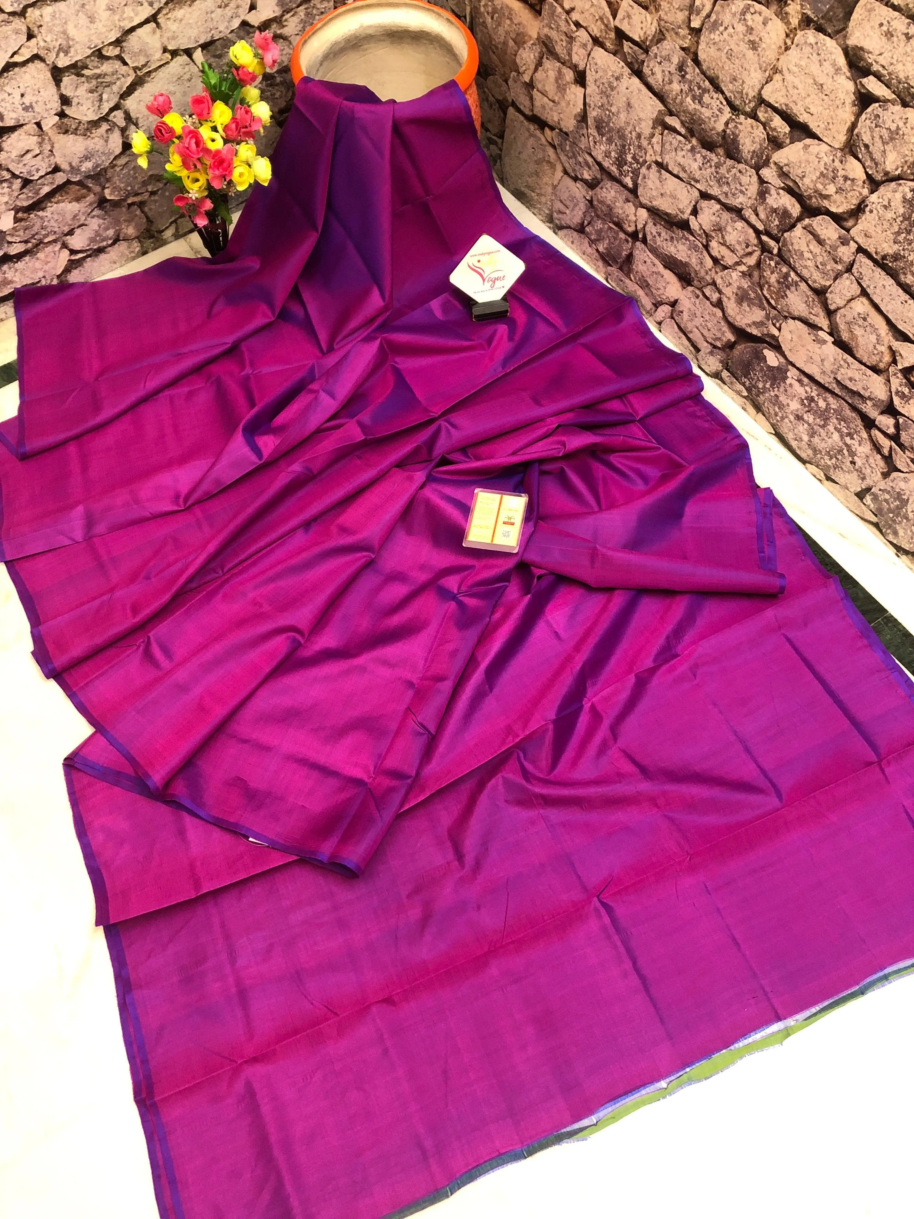 Magenta and Blue Dual Tone Color Bishnupur Silk Saree with Kalamkari Blouse