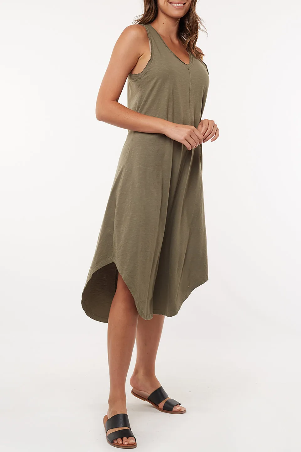 Margot Khaki Slub Jersey Tank Midi Dress