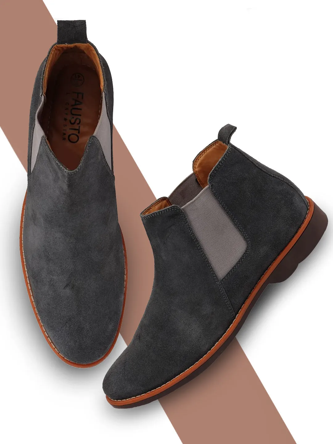 Men Grey Suede Leather Slip On Chelsea Boots