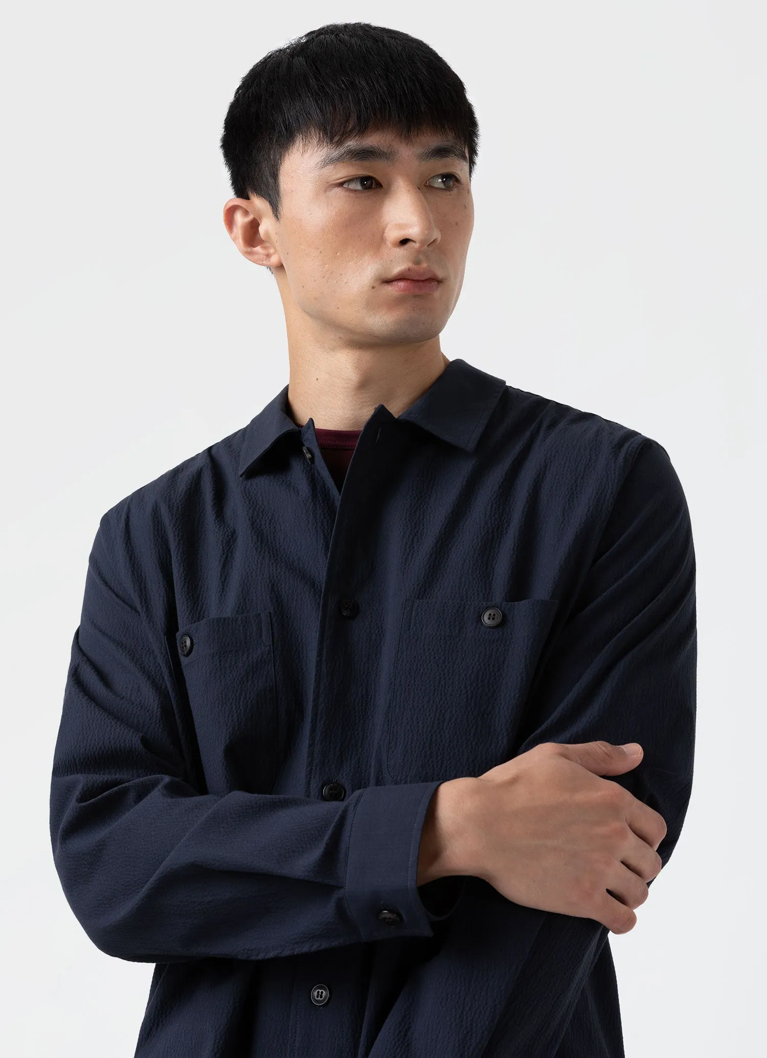 Men's Seersucker Overshirt in Navy